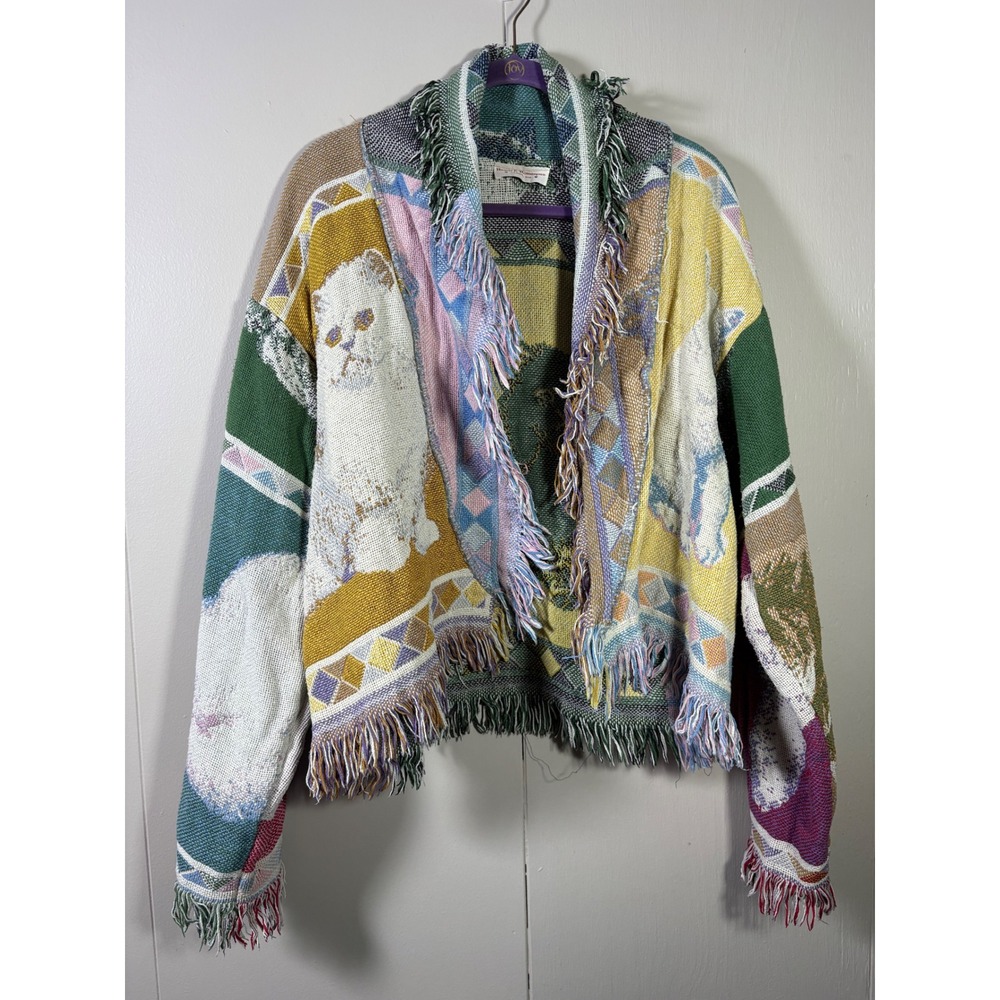 Hearts & Homespun Woven Tapestry Cat Jacket Fringe Open Front Cardigan Multi